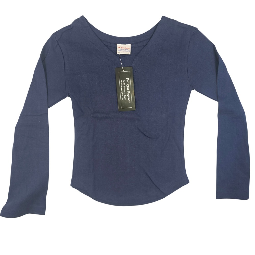 Far Out Fashion Navy Blue V-Neck‎ Long Sleeve Cotton Top Curved Hem Medium NWT